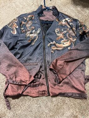 Source Unknown Ombre Black to Burgundy Floral Scroll Bomber Jacket